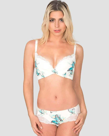 Woman wearing the JulieMay Morpho butterfly comfort bra for Pride