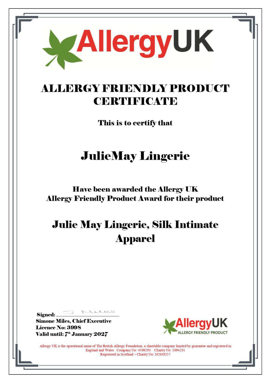 Allergy UK Allergy Friendly Product certificate 2025–2026 – JulieMay Lingerie