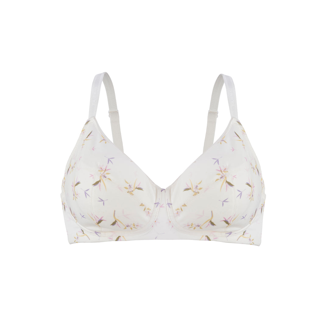 Ditsy Floral Silk and Organic Cotton Smooth T Shirt Wireless Bra, front view – Juliemay Lingerie