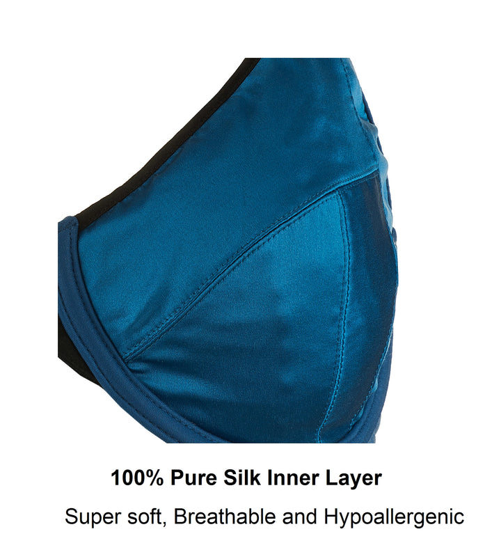 Elysia Navy Blue Silk and Organic Cotton Front Closure Full Cup Underwired Bra, cup detail – Juliemay Lingerie