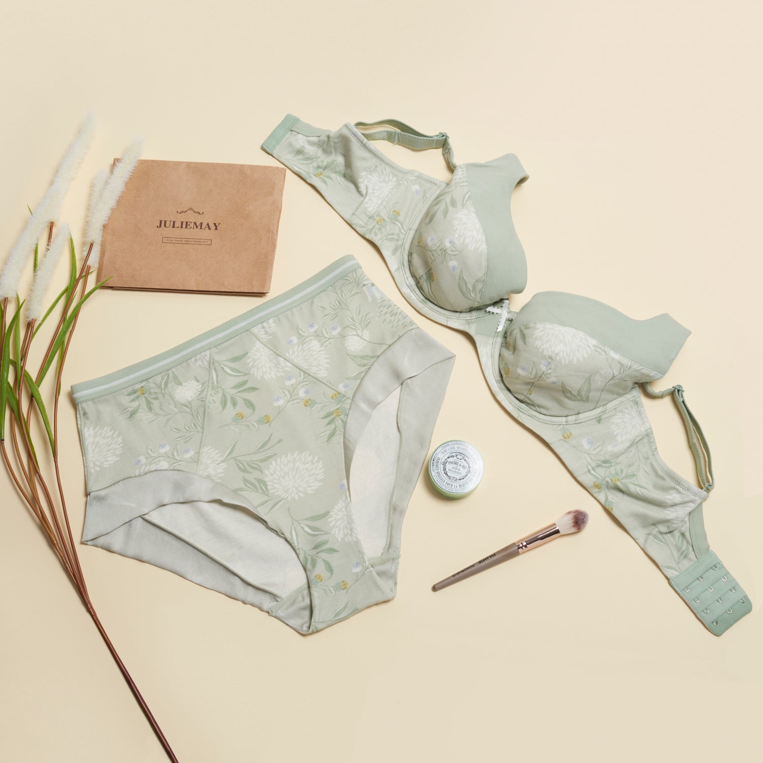 Flat lay of a sage-green organic cotton lingerie set with gift box – JulieMay Lingerie
