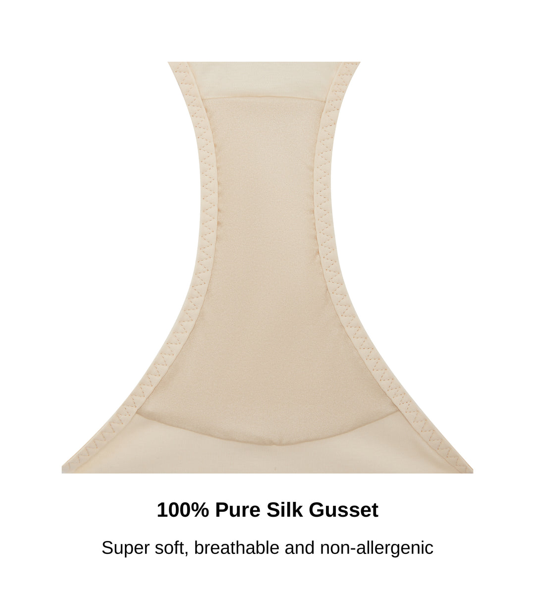 Close-up of the 100% pure silk gusset on the Ashley Luxe brief in beige, JulieMay Lingerie