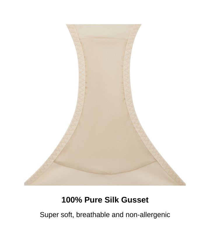 Close-up of the 100% pure silk gusset on the Ashley Luxe brief in beige, JulieMay Lingerie