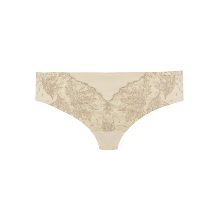 Ashley Luxe embroidered silk and organic cotton brief in beige, front view, JulieMay Lingerie