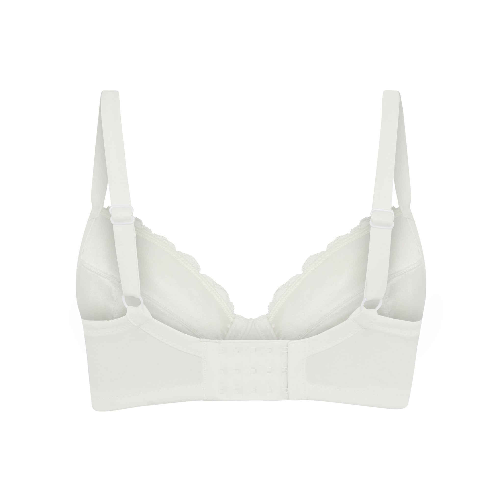 Debbie lace plunge bra in white, back view with hook and eye closure, JulieMay Lingerie