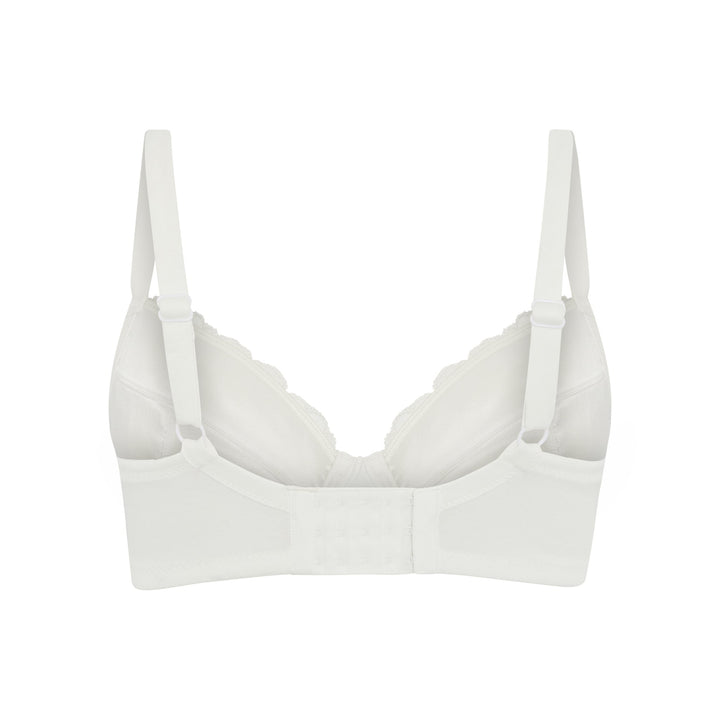 Debbie lace plunge bra in white, back view with hook and eye closure, JulieMay Lingerie