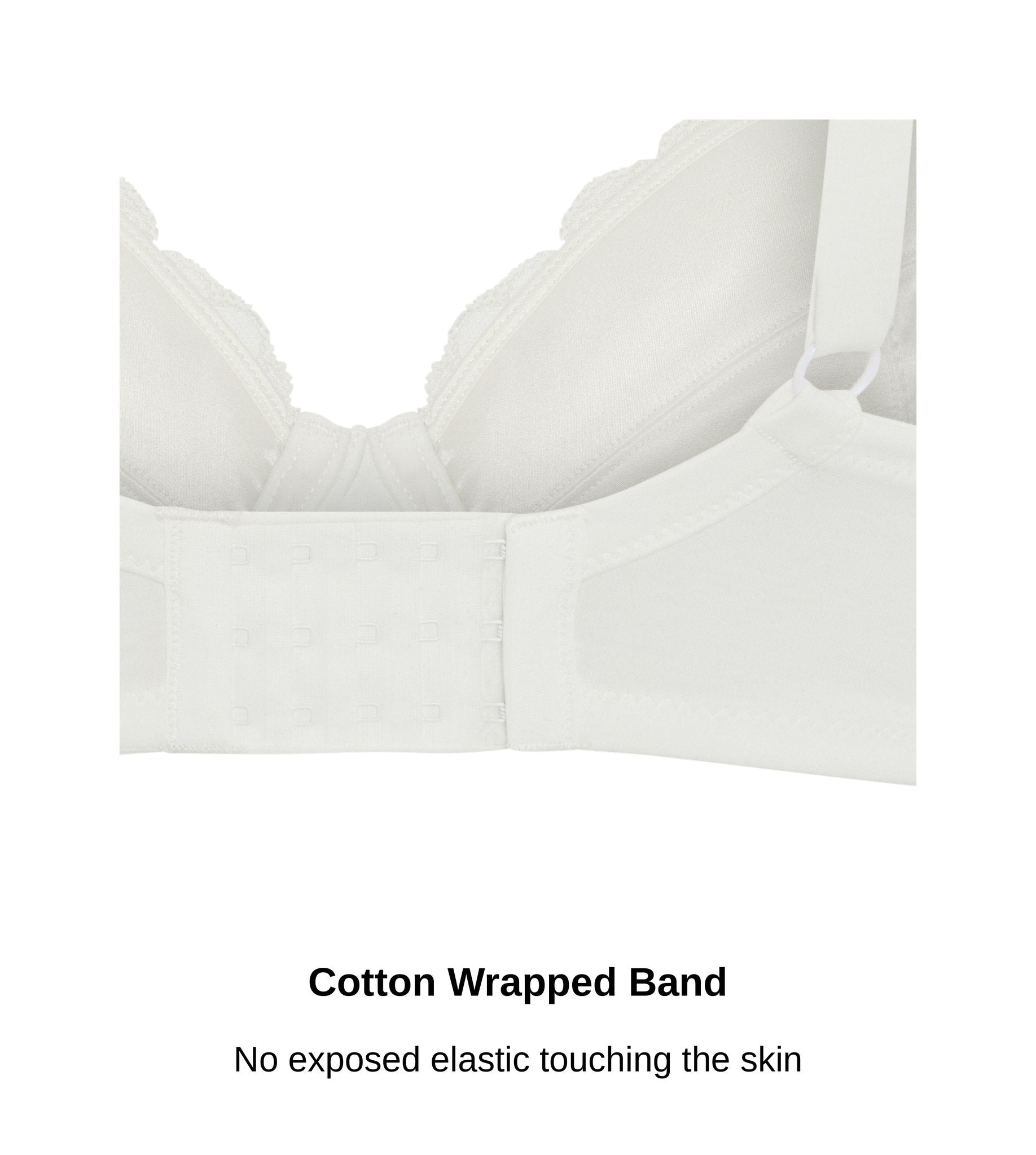 Close up of the cotton wrapped band and hook and eye closure on the Debbie bra in white, JulieMay Lingerie