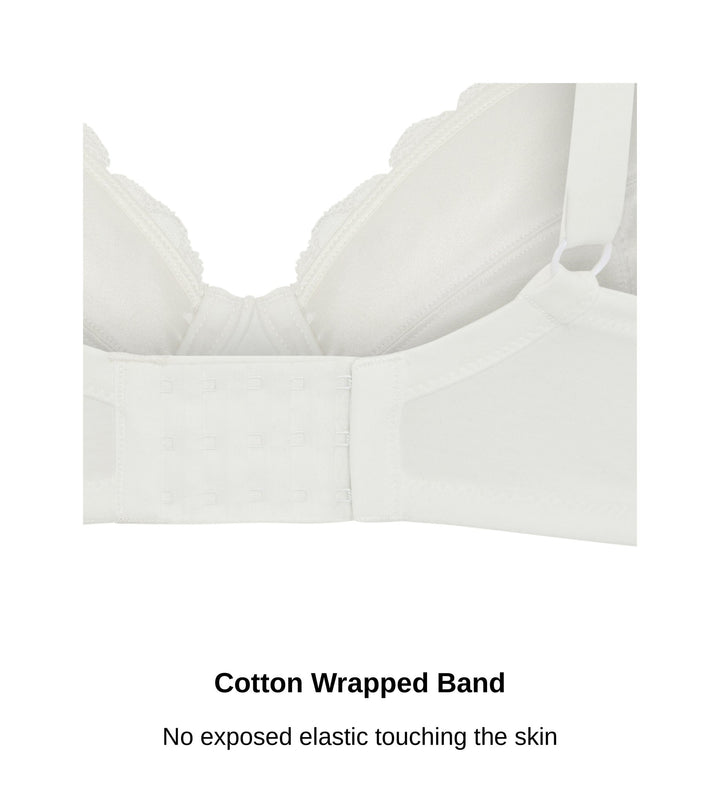 Close up of the cotton wrapped band and hook and eye closure on the Debbie bra in white, JulieMay Lingerie