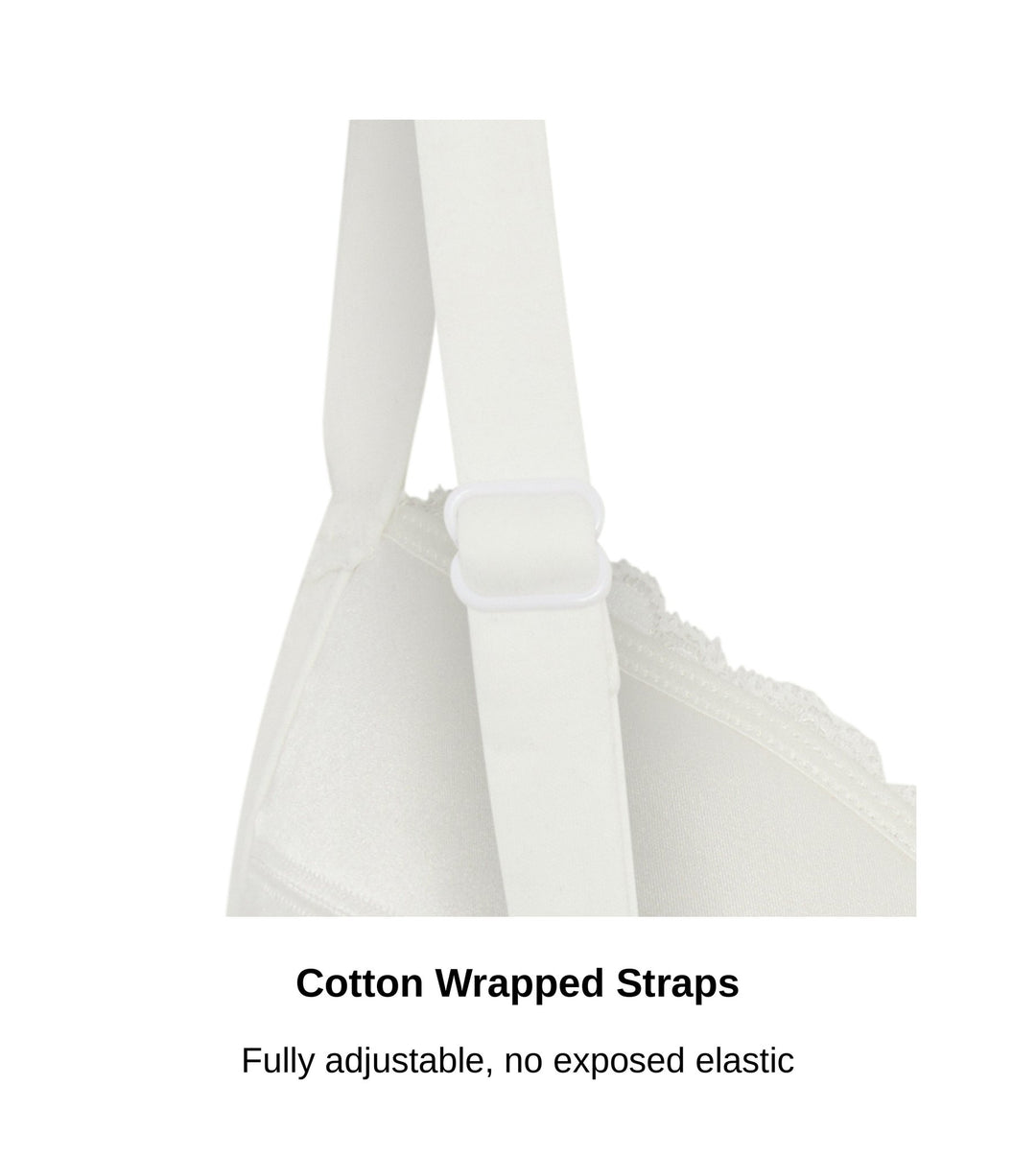 Close up of the adjustable cotton wrapped straps on the Debbie bra in white, JulieMay Lingerie