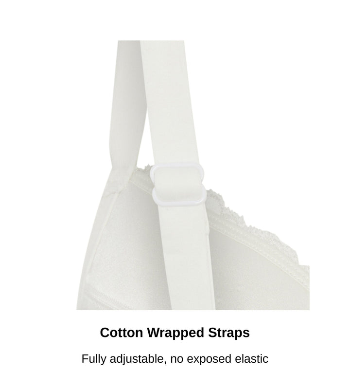 Close up of the adjustable cotton wrapped straps on the Debbie bra in white, JulieMay Lingerie