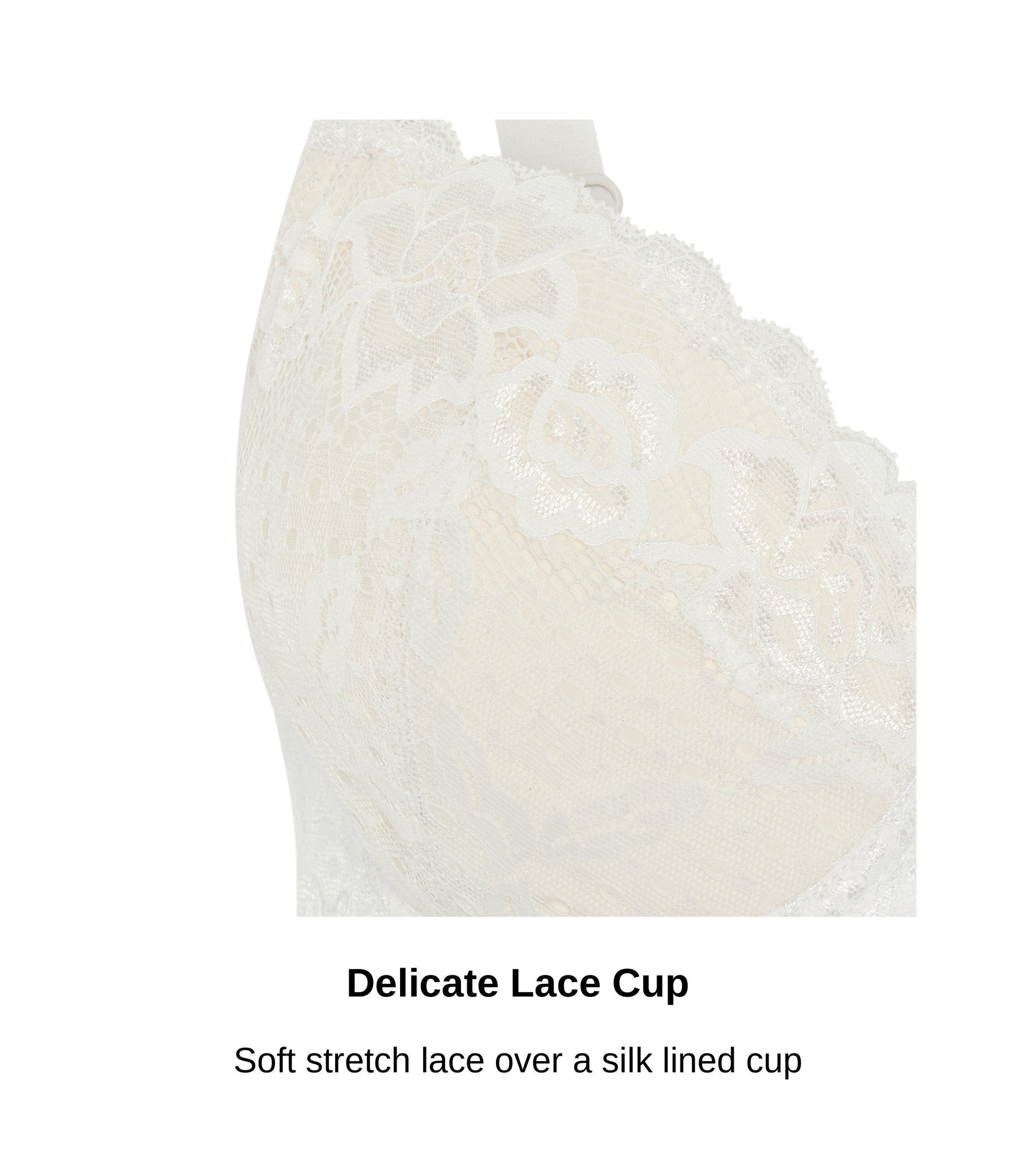Close up of the soft stretch lace cup on the Debbie plunge bra in white, JulieMay Lingerie