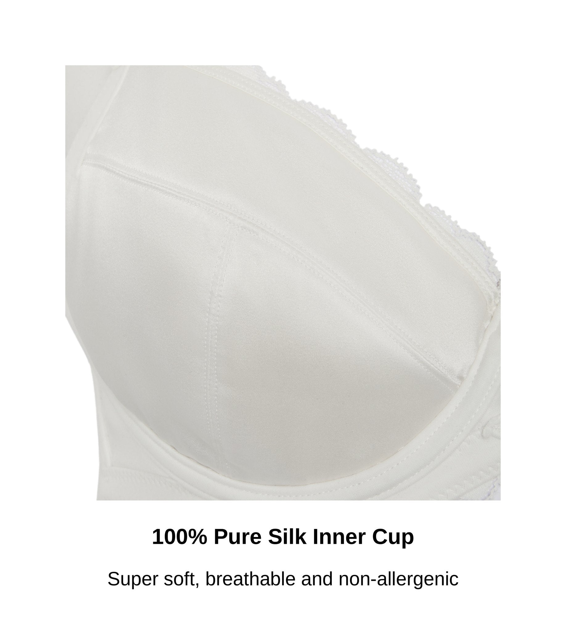 Close up of the 100% pure silk inner cup on the Debbie plunge bra in white, JulieMay Lingerie