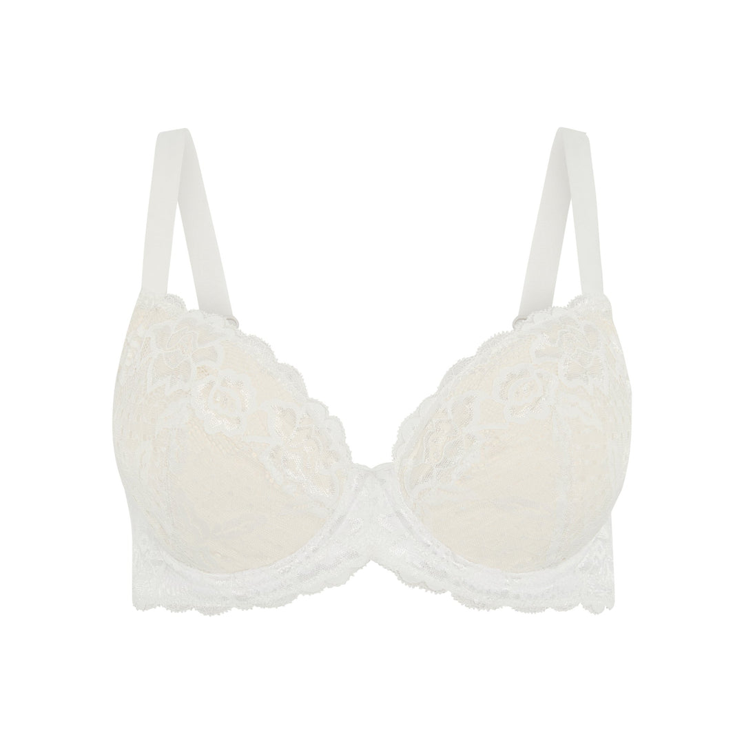 Debbie lace silk and organic cotton plunge bra in white, front view, JulieMay Lingerie