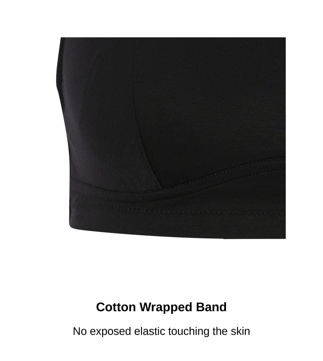 Close up of the cotton wrapped band on the Fuchsia bra in black, no exposed elastic, JulieMay Lingerie