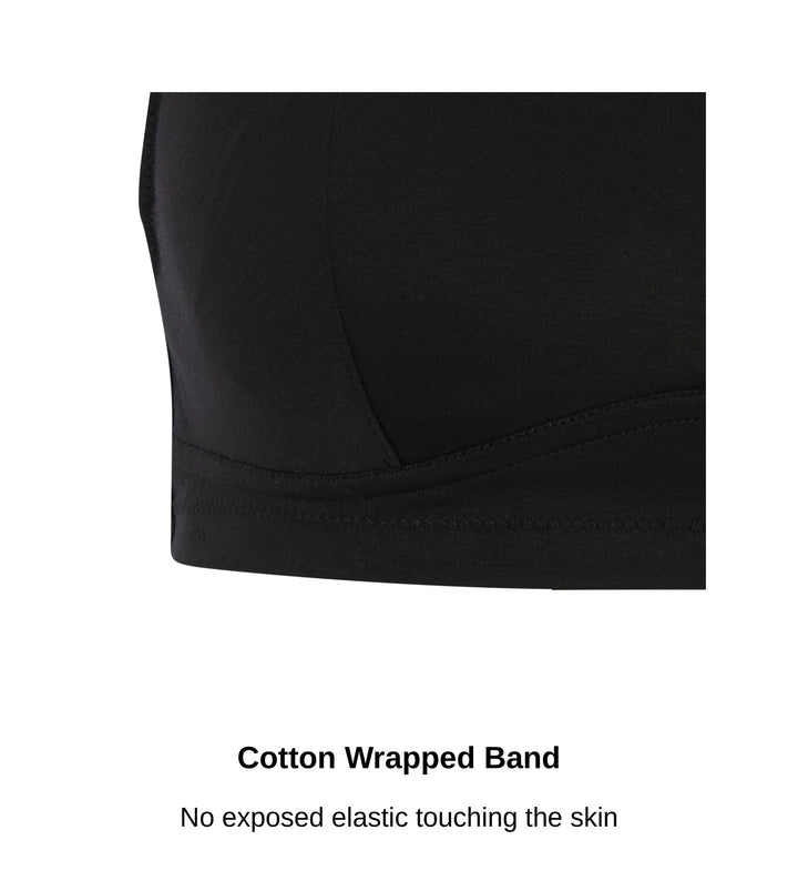 Close up of the cotton wrapped band on the Fuchsia bra in black, no exposed elastic, JulieMay Lingerie