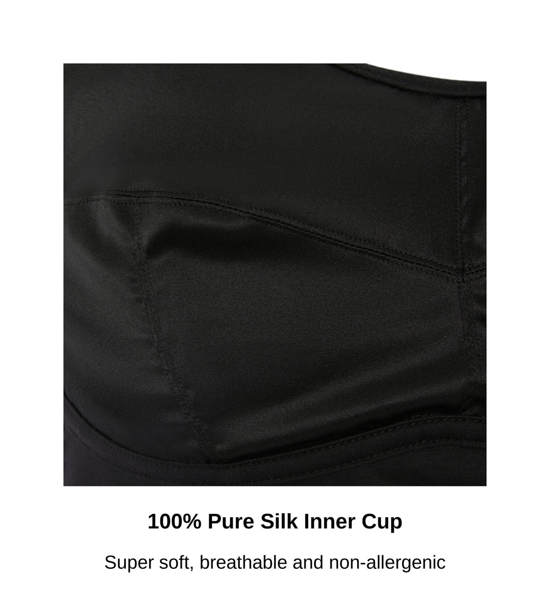 Close up of the 100% pure silk inner cup on the Fuchsia bra in black, JulieMay Lingerie