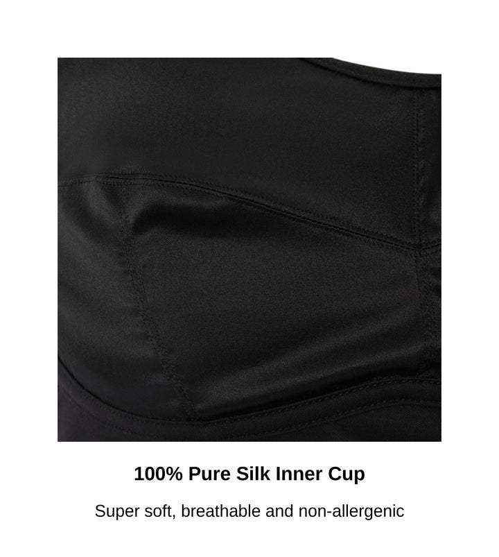 Close up of the 100% pure silk inner cup on the Fuchsia bra in black, JulieMay Lingerie