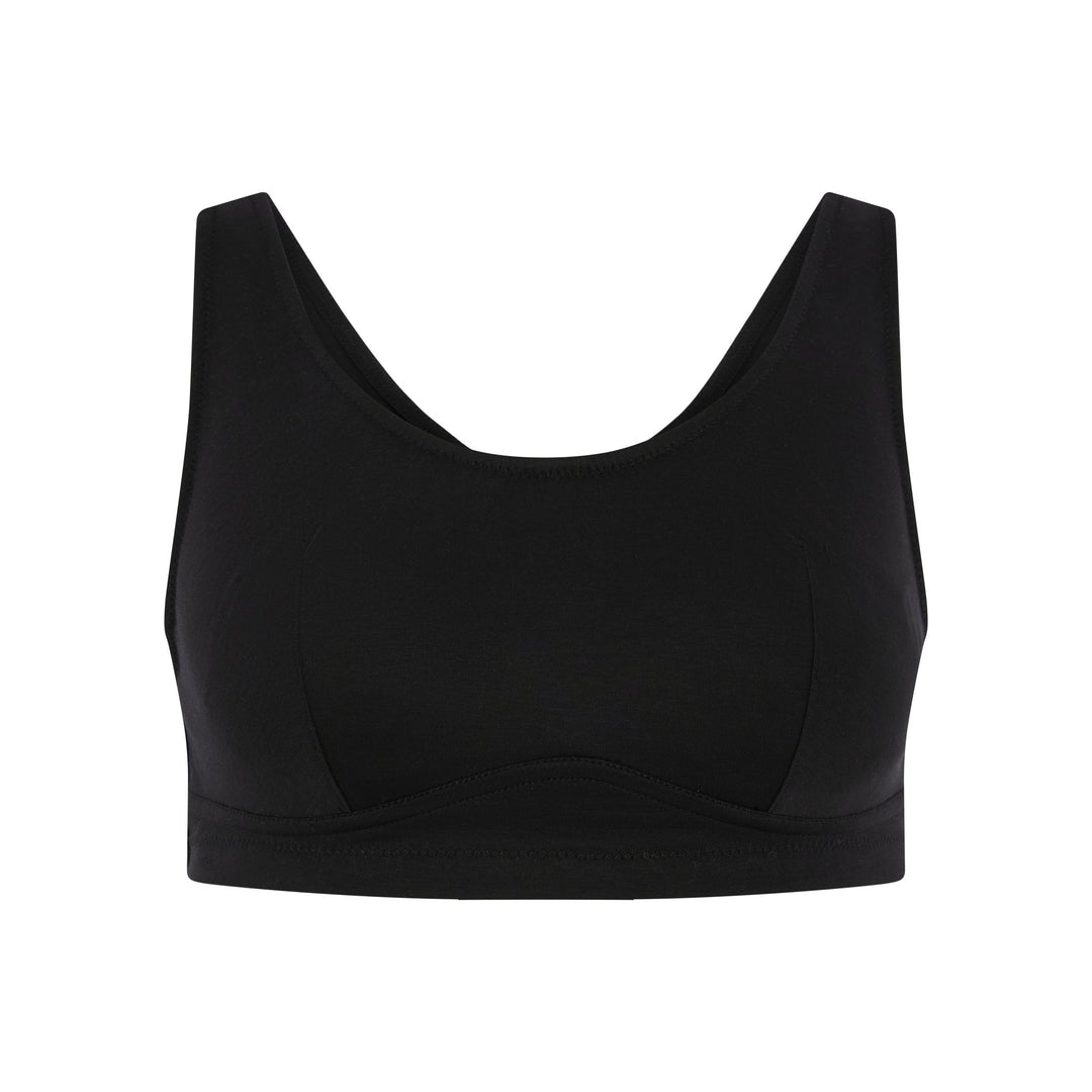 Fuchsia silk and organic cotton back support wireless bra in black, front view, JulieMay Lingerie
