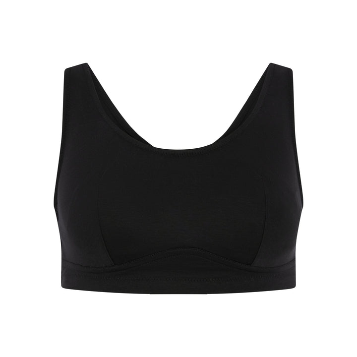 Fuchsia silk and organic cotton back support wireless bra in black, front view, JulieMay Lingerie