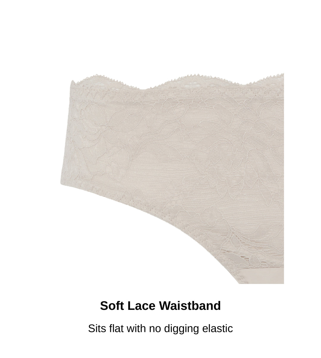 Close-up of the soft lace waistband on the Glacie organic cotton brief, no digging elastic, JulieMay Lingerie