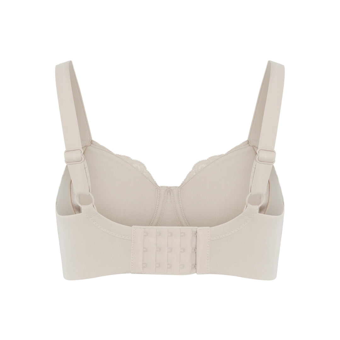 Glacie non-wired pocketed mastectomy bra in beige, back view showing the cotton wrapped band and hook and eye closure, JulieMay Lingerie