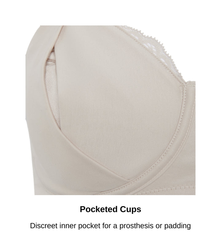 Close-up of the discreet prosthesis pocket opening inside the cup of the Glacie non-wired mastectomy bra, JulieMay Lingerie