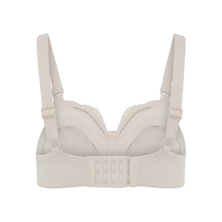 Glacie non-wired nursing bra in beige, back view showing the cotton wrapped band, strap rings and hook and eye closure, JulieMay Lingerie