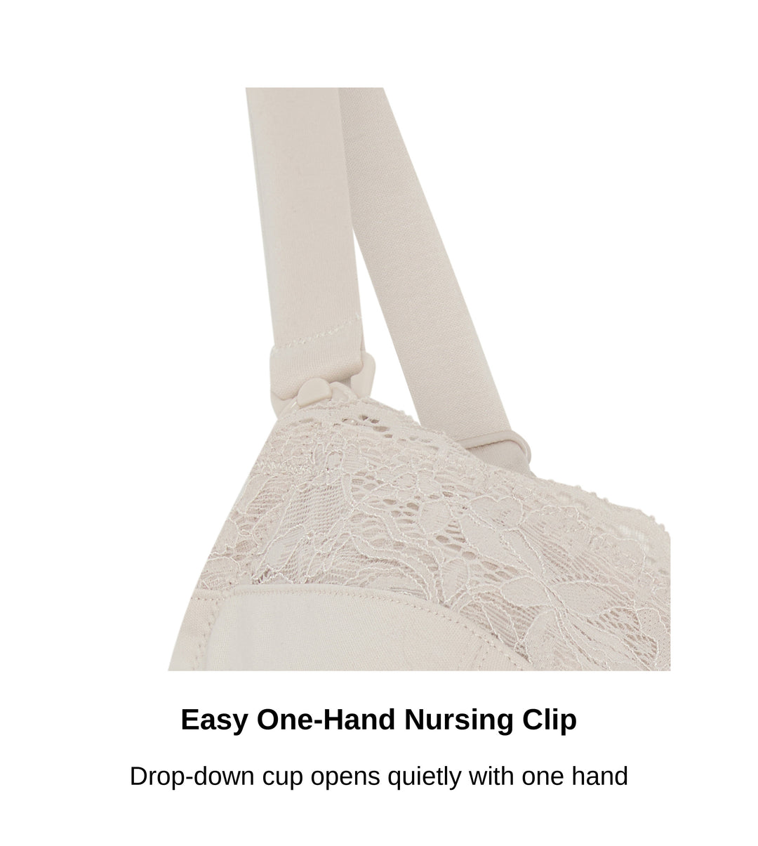 Close-up of the one-hand nursing clip and strap on the Glacie non-wired nursing bra, JulieMay Lingerie
