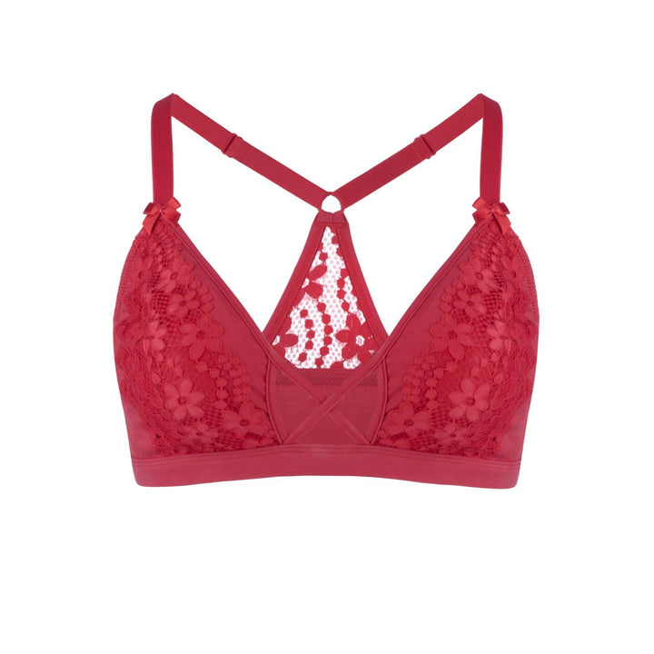 Passion Red Lace Organic Cotton and Silk Bralette, front view – Juliemay Lingerie